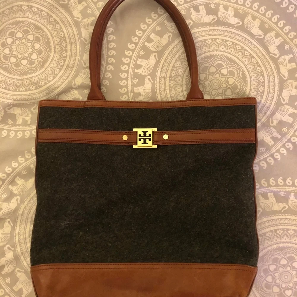 Tory Burch Brown Leather & Charcoal Felt Tote